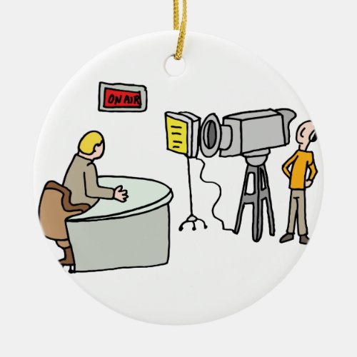 Newscaster reporting live in a studio ceramic ornament