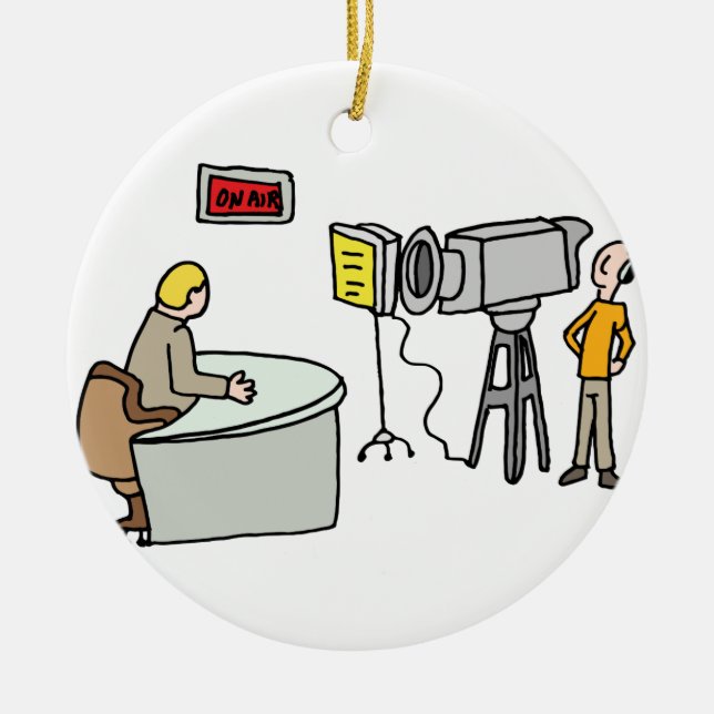 Newscaster reporting live in a studio ceramic ornament (Front)