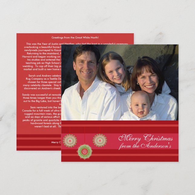 Newsletter on Back Red Ornament Christmas Card (Front/Back)