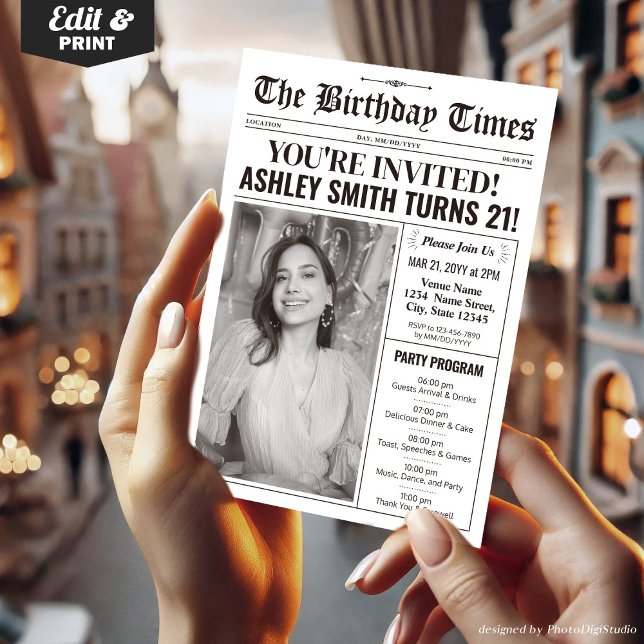 Newspaper 21st Birthday Invitation with Program  (21st Birthday Newspaper Invitations with Program)