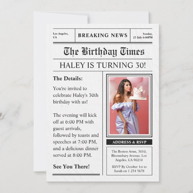Newspaper 30th Birthday Funny Magazine Cover Photo Invitation (Front)