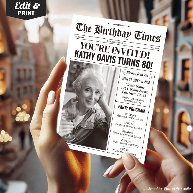 Newspaper 80th Birthday Invitations with Program  (80th Birthday Newspaper Invitations with Program)