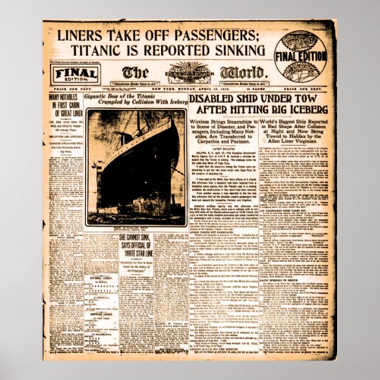 Newspaper April 15 1912 Titanic Reported Sinking Poster