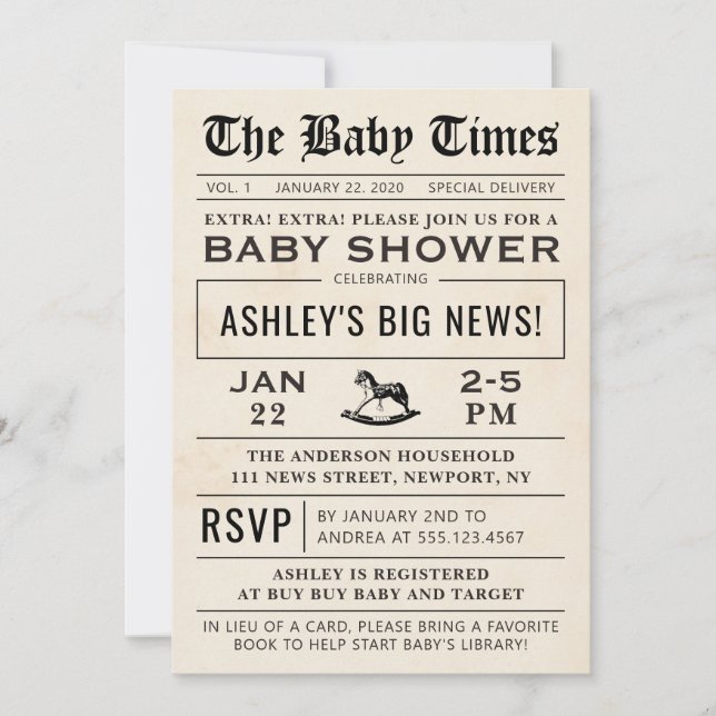 Newspaper Baby Shower Invitation (Front)