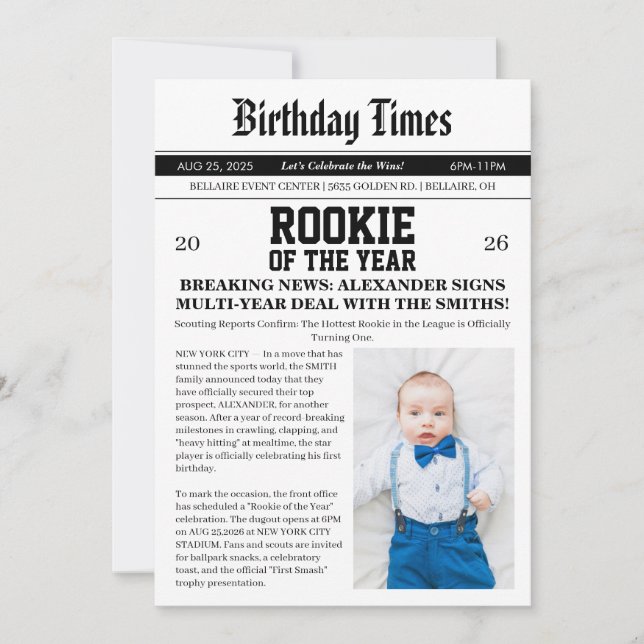 Newspaper Baseball 1st Birthday Party Invitation (Front)