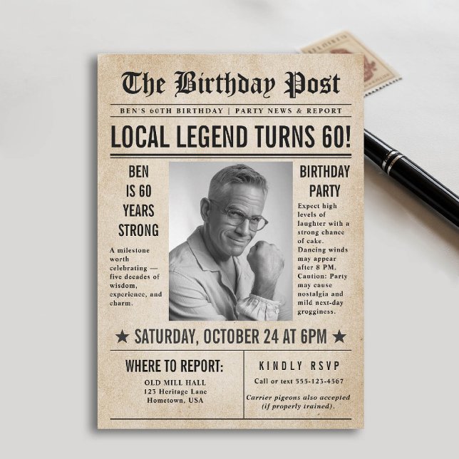 Newspaper Birthday News Funny Humorous Men 60th Invitation (60th birthday party for men invitation card photo template vintage newspaper news funny humorous)