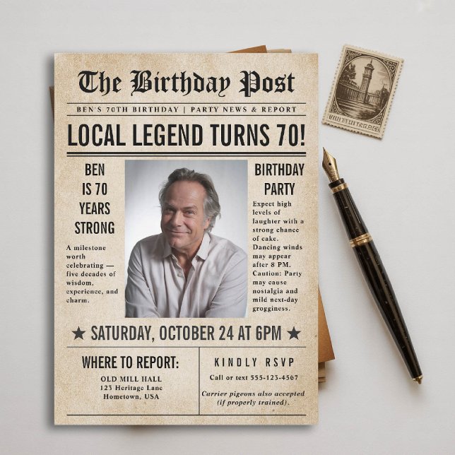 Newspaper Birthday News Funny Humorous Men 70th Invitation (70th birthday party for men invitation card photo template vintage newspaper news funny humorous)