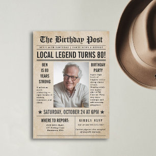 Newspaper Birthday News Funny Humorous Men 80th Invitation