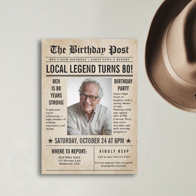 Newspaper Birthday News Funny Humorous Men 80th Invitation (80th birthday party for men invitation card photo template vintage newspaper news funny humorous)