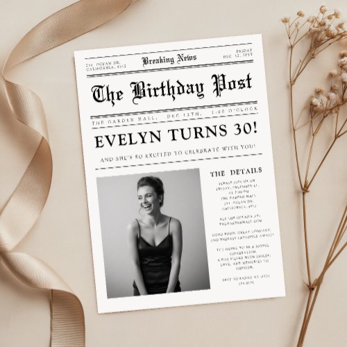 Newspaper Black and White Fun Photo 30th Birthday