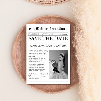 Newspaper black and white unique quinceanera save the date