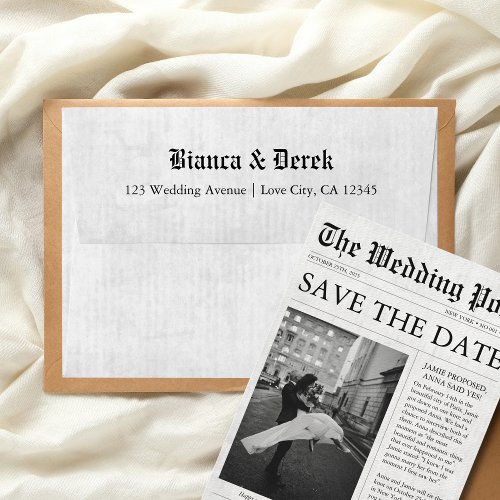 Newspaper Black  White Modern Unique Wedding  Envelope