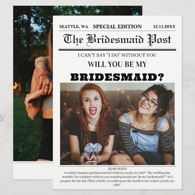 Newspaper Bridesmaid Proposal Card (Front/Back)
