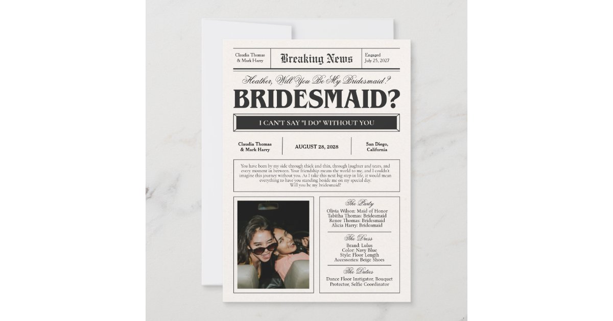 Newspaper Bridesmaid Proposal Card