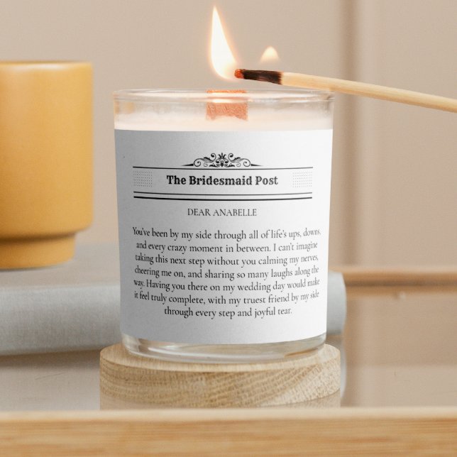 Newspaper Bridesmaid Proposal Retro Script Font Scented Candle (Newspaper Bridesmaid Proposal Retro Script Font Scented Candle)