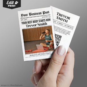 Newspaper Business Card, Personal Fitness Coach Calling Card