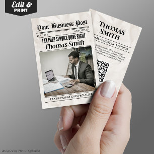 Newspaper Business Card, Tax Prep Service Pro Calling Card