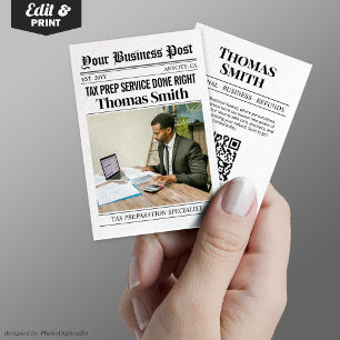 Newspaper Business Card, Tax Prep Service Pro Calling Card