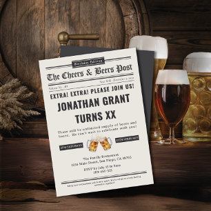 Newspaper Cheers & Beers Brewery Birthday Party Invitation