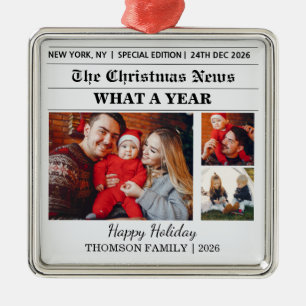 Newspaper Christmas Family 3 Photo Collage  Metal Ornament