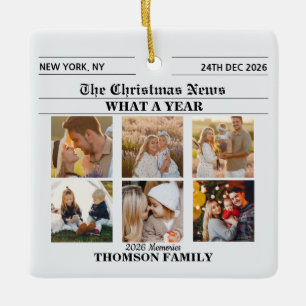 Newspaper Christmas Family 6 Photo Collage  Ceramic Ornament