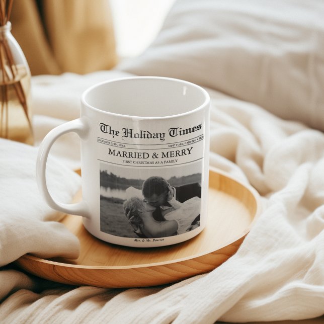 Newspaper Christmas Merry & Married Photo Coffee Mug (MARRIED & MERRY  Christmas Family Keepsake Newlyweds Our first Christmas)