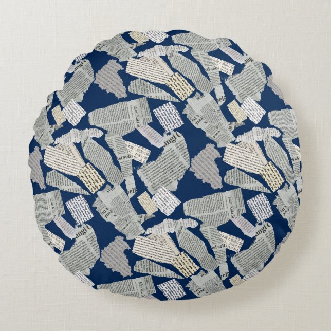 Newspaper Cutting Pattern 01x4.b DBlue Round Pillow (Front)