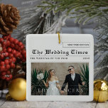 Newspaper Design | Newlyweds Photo Ceramic Ornament<br><div class="desc">Celebrate your headline-worthy love story with this newspaper-inspired newlywed ornament. Styled like the “Wedding Times, ” it showcases your favorite couple photo on the front with customizable names and date, while the back features a romantic snowflake design with a heartfelt message. Perfect as a first Christmas married keepsake, anniversary gift,...</div>