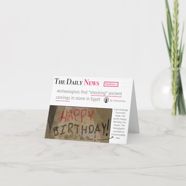 Newspaper Egyptian Cave Humorous Funny Birthday  Card (Front)