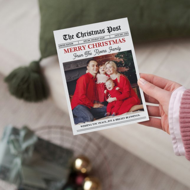 Newspaper Family Photo Newsletter Christmas Holiday Card (newspaper elegant year in review black and white classic vintage unique classic fun modern)