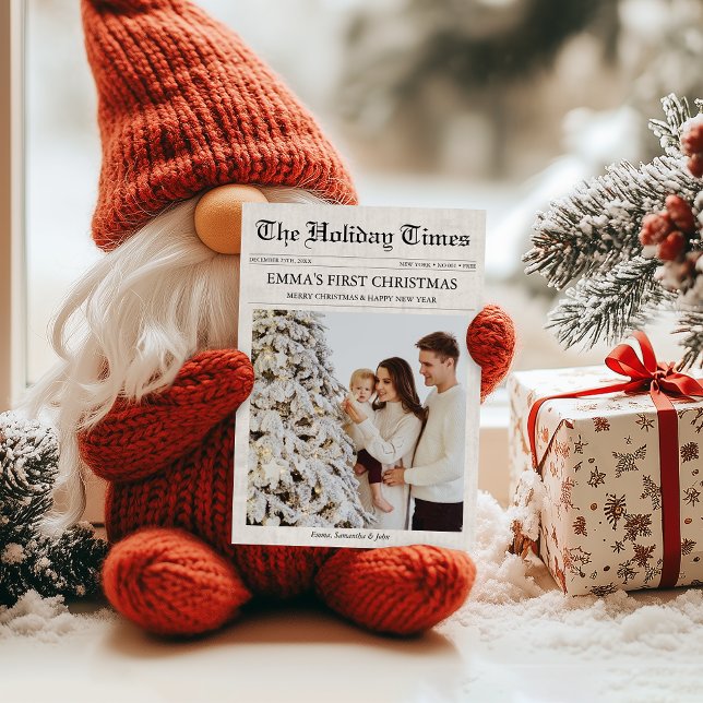 Newspaper First Christmas Baby Family Photo Unique Holiday Card (Baby's First Christmas Newspaper Card Family Holiday Card)