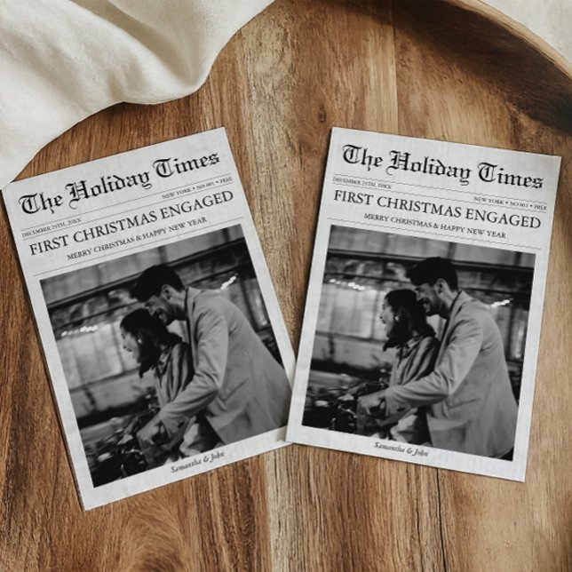 Newspaper First Christmas Engaged Unique Holiday Card (First Christmas Engaged Newspaper Holiday Card with Photo, Engagement Announcement )