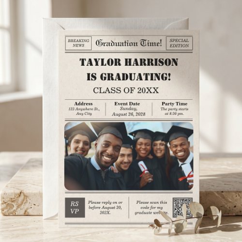 Newspaper Front Page Class of 2026 Bold Black & Wh Invitation
