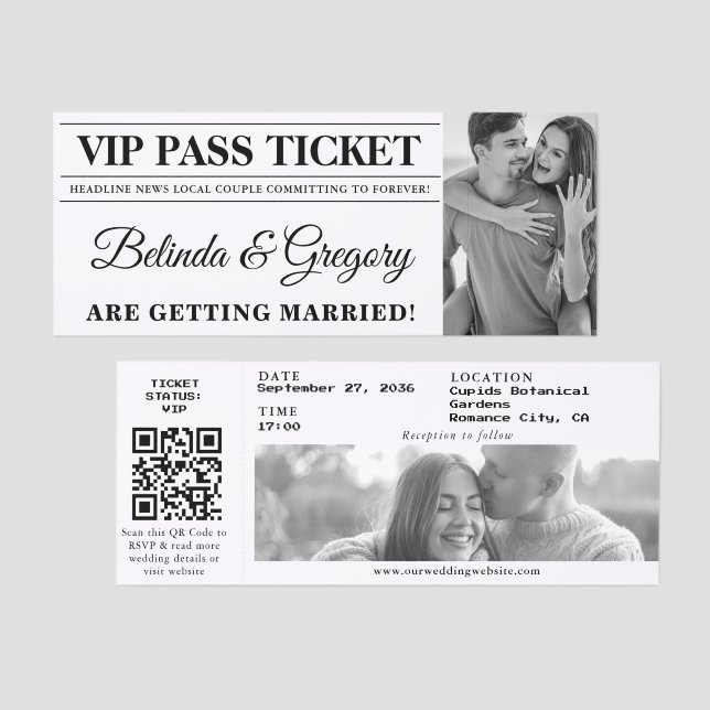 Newspaper Fun VIP Access Ticket Wedding Invitation (Front/Back)