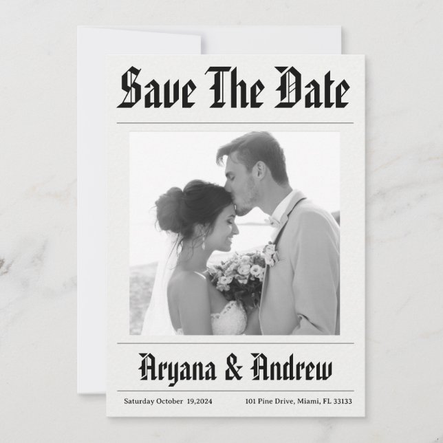 newspaper funny save the dates invitation (Front)