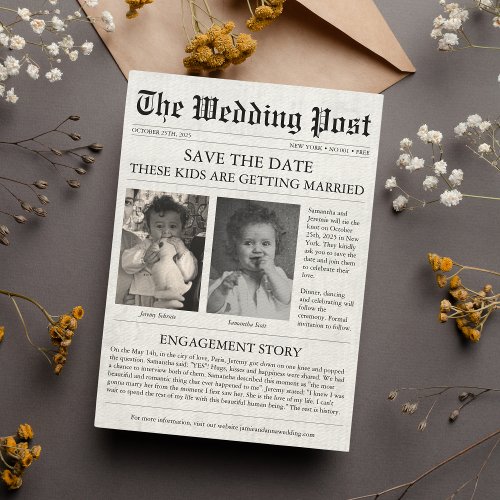Newspaper Funny Unique Kids Save the Date Wedding  Invitation