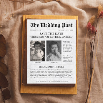 Newspaper Funny Unique Kids Save The Date Wedding  Postcard by SleepyKoala at Zazzle