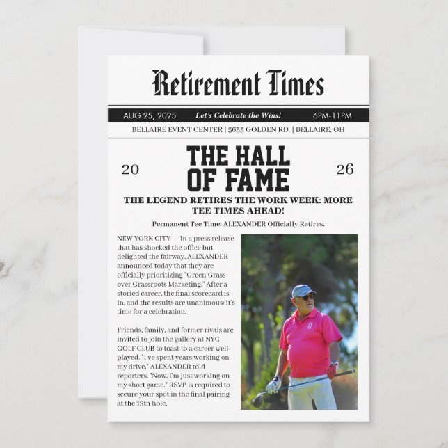 Newspaper Golf Retirement Party Invitation (Front)