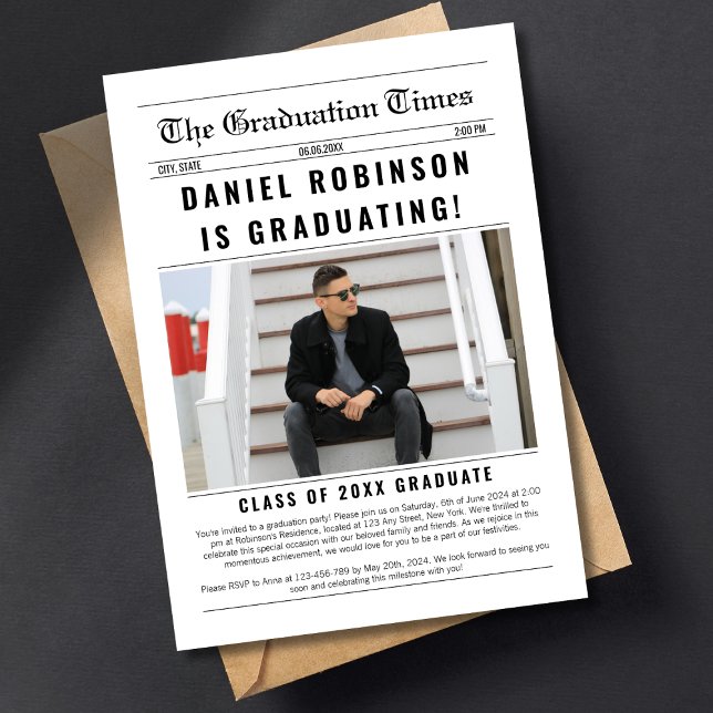 Newspaper Graduate Photo Stylish Graduation 2026 Invitation (newspaper graduation party invitation stylish classic photo grad invite for him)