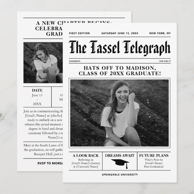 Newspaper Graduation Card Invitation Announcement (Front/Back)