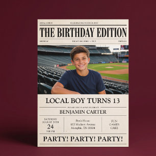 Newspaper Headline Funny Boy's Birthday Party Invitation