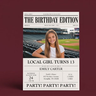 Newspaper Headline Funny Girl's Birthday Party Invitation