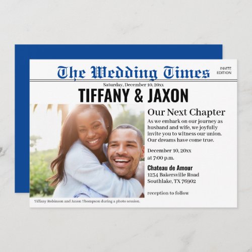 Newspaper Horizontal Blue Wedding Invitation