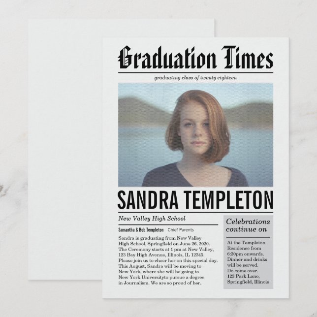 Newspaper in Color Graduation Announcement (Front/Back)