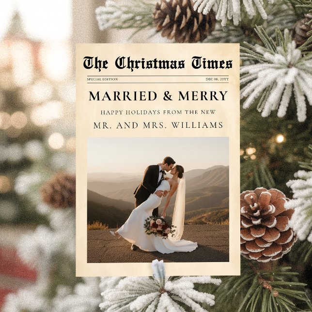 Newspaper Just Married & Merry Photo Christmas Holiday Card (Creator Uploaded)