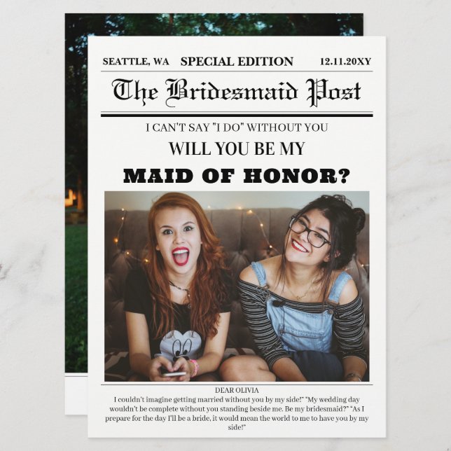 Newspaper Maid of Honor Proposal Card (Front/Back)