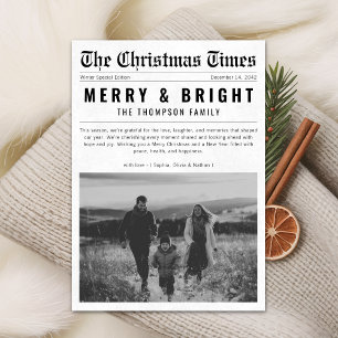 Newspaper Merry and Bright Family Christmas Photo Holiday Card