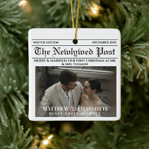 Newspaper Merry and Married Holiday Accents Photo Ceramic Ornament