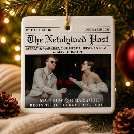 Newspaper Merry and Married Holiday Newlywed Photo Ceramic Ornament