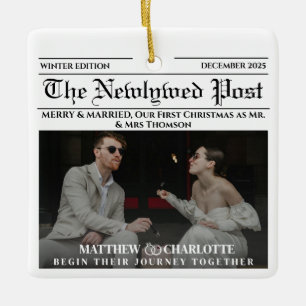 Newspaper Merry and Married Holiday Newlywed Photo Ceramic Ornament